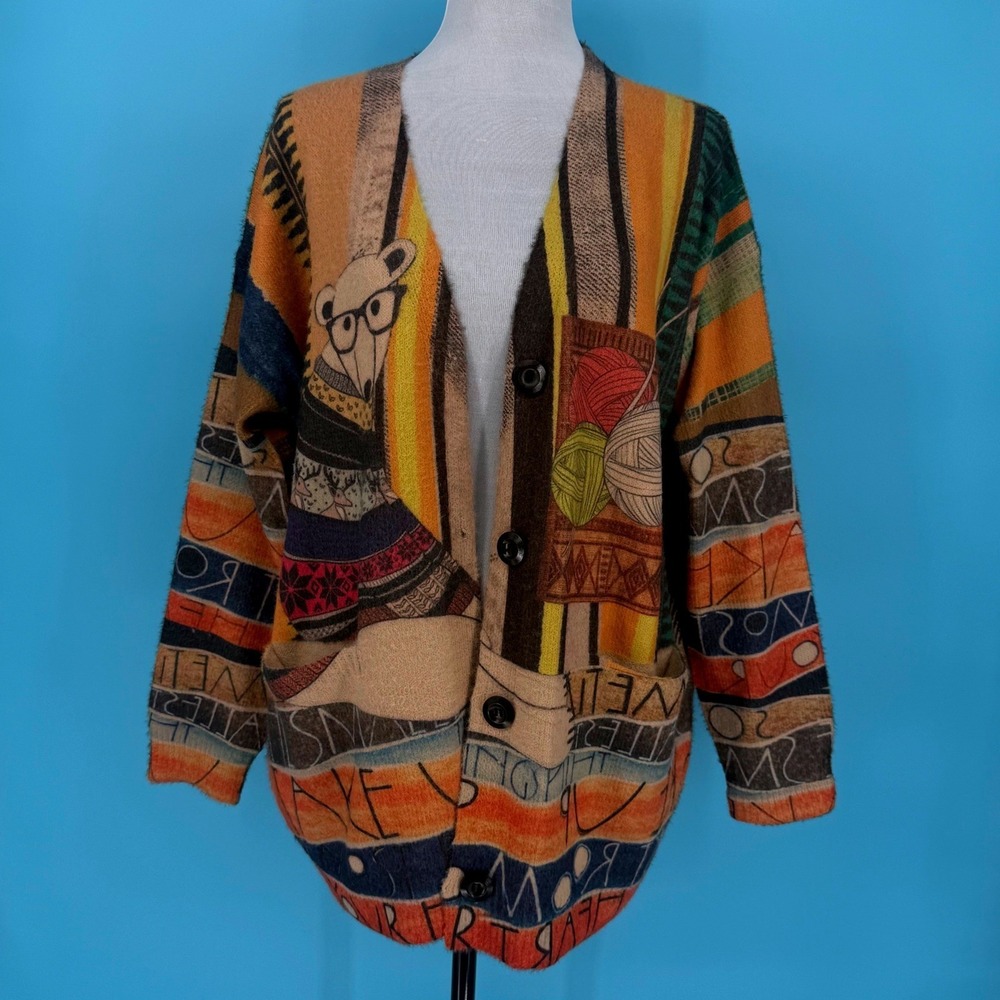 Artistic Polar Bear Knitting Wool Blend Oversized Cardigan V-Neck Large‎